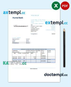 sample Australia Humebank bank statement easy to fill template in Excel and PDF format download