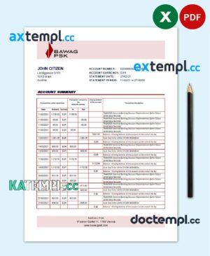 sample Austria BAWAG PSK bank statement easy to fill template in Excel and PDF format download