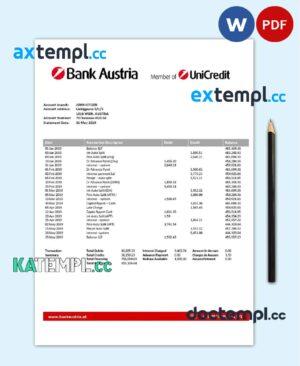 sample Austria Bank Austria bank statement template in Word and PDF format, .doc and .pdf format download