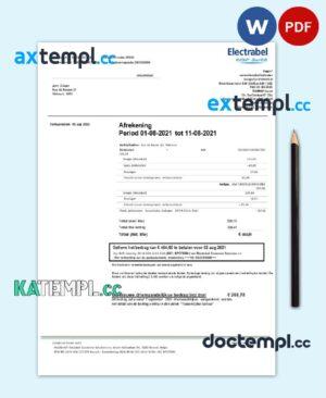 sample Belgium Electrabel electricity utility bill template, fully editable in Word and PDF format download