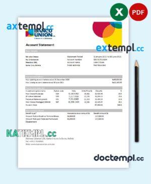 sample Bolivia Banco Union bank statement easy to fill template in Excel and PDF format (AutoSum) download