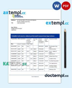 sample Costa Rica Banco Nacional de Costa Rica proof of address bank statement template in Word and PDF format download