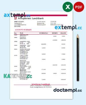sample Denmark Arbejdernes Landsbank bank statement easy to fill template in Excel and PDF format download