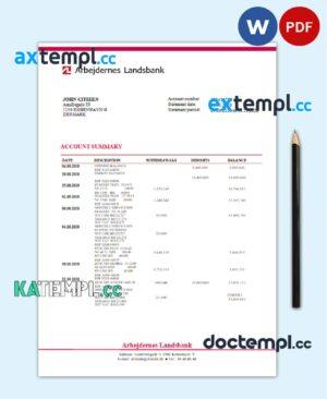 sample Denmark Arbejdernes Landsbank bank statement template in Word and PDF format download