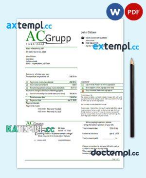sample Estonia AC Grupp OÜ electricity utility bill template in Word and PDF format download