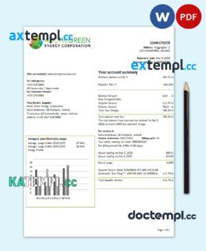 sample Iceland Arctic Green Energy Corporation electricity utility bill template in Word and PDF download