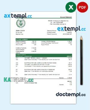 sample Iraq Rafidain Bank statement template in .xls and .pdf file format download