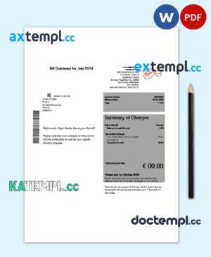 sample Ireland Virgin Media utility bill template editable in Word and PDF, version 1 download
