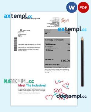 sample Ireland Virgin Media utility bill template in Word and PDF format, version 2 download