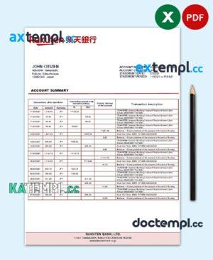sample Japan Rakuten bank statement template in Excel and PDF format download