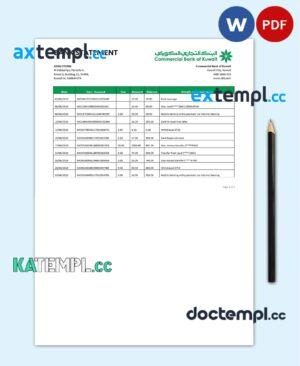 sample Kuwait Commercial Bank statement easy to fill template in Word and PDF format download