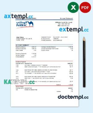 sample Kuwait National Bank of Kuwait (NBK) Bank statement easy to fill template in Excel and PDF format download