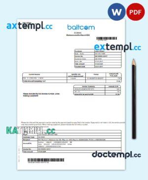 sample Latvia Baltcom telecommunications utility bill template in Word and PDF format (English version) download