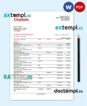 sample Lithuania (Litva) Citadele bank credit card statement template in Word and PDF format download
