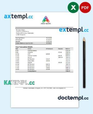 sample Mongolia Arig Bank statement easy to fill template in .xls and .pdf file format download