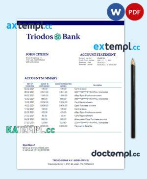 sample Netherlands Triodos Bank statement easy to fill template in Word and PDF format download