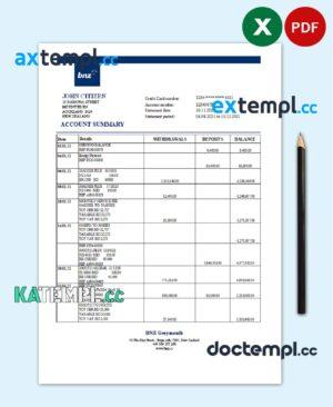 sample New Zealand BNZ Greymouth Bank statement easy to fill template in .xls and .pdf format download