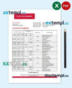 sample Norway Bank Norwegian AS bank statement easy to fill template in .xls and .pdf file format download