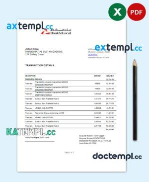 sample Oman Bank Muscat bank statement easy to fill template in .xls and .pdf file format download