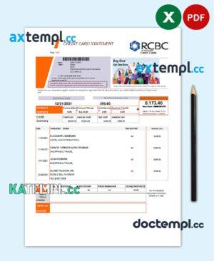 sample Philippines Rizal Commercial Banking Corporation (RCBC) credit card statement template in .xls and .pdf file format download