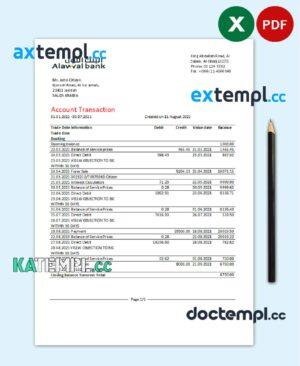 sample Saudi Arabia Alawwal Bank statement easy to fill template in .xls and .pdf file format download