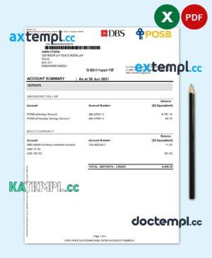 sample Singapore DBS bank proof of address statement template in Excel and PDF format, 4 pages download