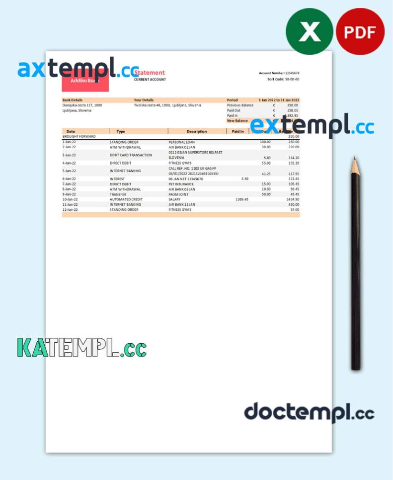 sample Slovenia Addiko bank statement, Excel and PDF template download