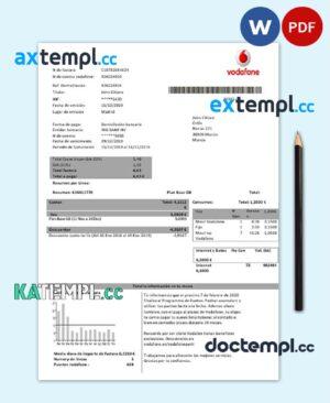 sample Spain Vodafone telecommunications utility bill template in Word and PDF format download