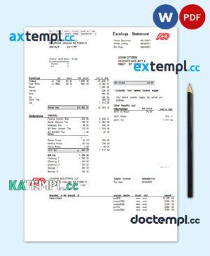 sample USA ADP Earnings statement template in Word and PDF format download