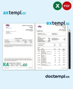 sample USA Ally Bank statement template in Excel and PDF format (4 pages) download