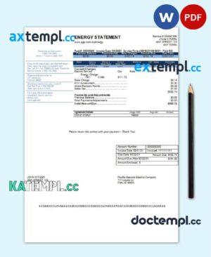 sample USA California PG&E (Pacific Gas and Electric Company) utility bill template in Word and PDF format, version 2 download