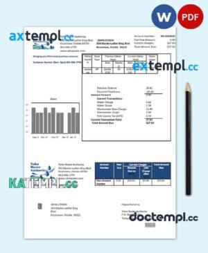 sample USA Florida Toho Water Authority utility bill template in Word and PDF format download