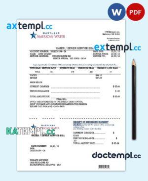 sample USA Maryland American water utility bill template in Word and PDF format download