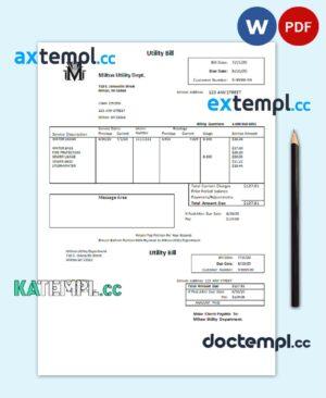 sample USA Massachusetts Milton Utility Dept water utility bill template in Word and PDF format download