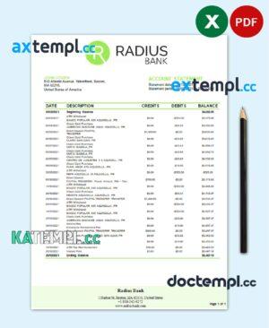 sample USA Massachusetts Radius Bank statement easy to fill template in Excel and PDF format download