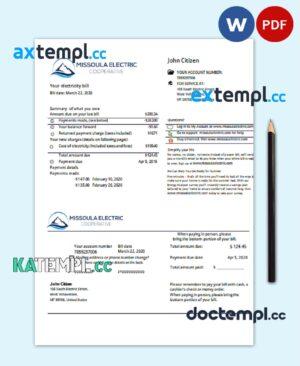 sample USA Montana Missoula Electric Cooperative electricity utility bill template in Word and PDF format download