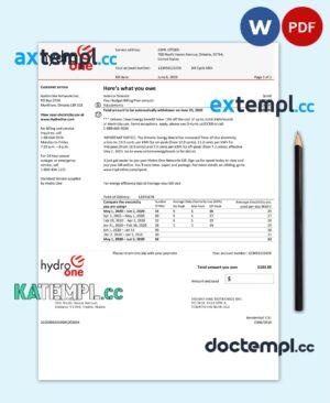 sample USA Ontario's Hydro One electricity utility bill template in Word and PDF format (2 pages) download