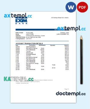 sample Ukraine Ukreximbank Bank statement template, Word and PDF format (.doc and .pdf) download