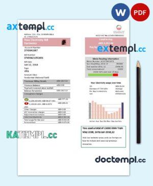 sample United Arab Emirates Abu Dhabi Distribution electricity utility bill template in Word and PDF format download