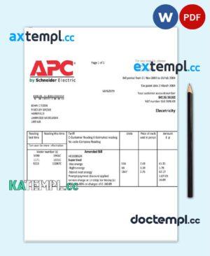 sample United Kingdom APC electricity utility bill template in Word and PDF format download