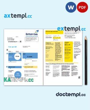 sample United Kingdom British Gas utility bill template in Word and PDF format fully editable (2 pages) version 1 download