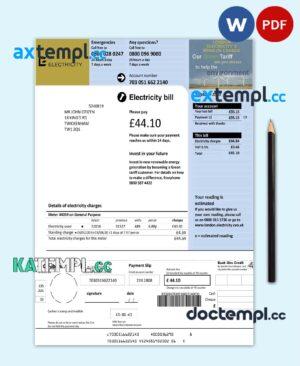 sample United Kingdom Electricity utility bill template in Word and PDF format download