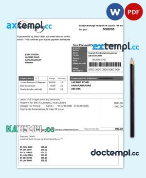sample United Kingdom London of Borough of Newham council tax bill template in Word and PDF format download