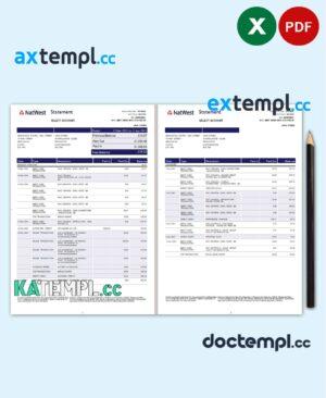 sample United Kingdom Natwest bank statement template in Excel and PDF format (2 pages) download