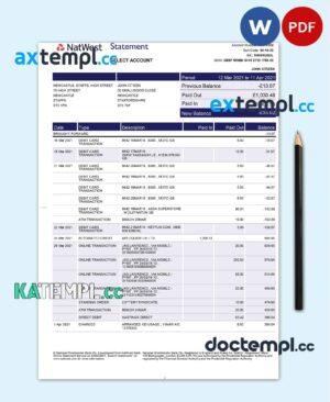 sample United Kingdom Natwest bank statement template in Word and PDF format (2 pages) download
