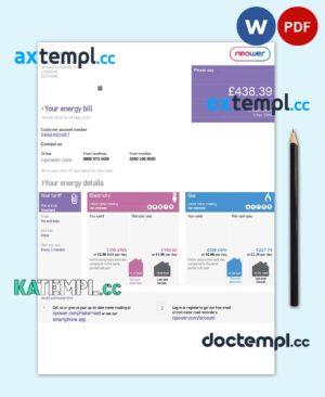 sample United Kingdom Npower utility bill template in Word and PDF format download
