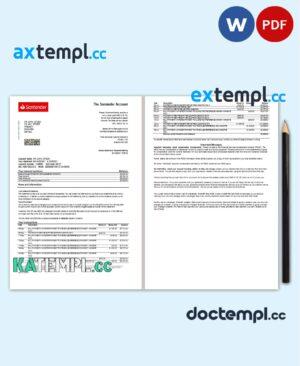 sample United Kingdom Santander bank statement template in Word and PDF format (2 pages) download