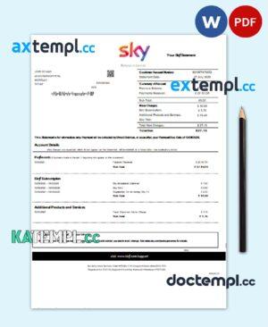 sample United Kingdom Sky utility bill statement template in Word and PDF format download