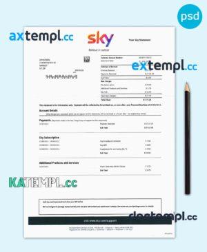 sample United Kingdom Sky utility bill template, fully editable in PSD format download