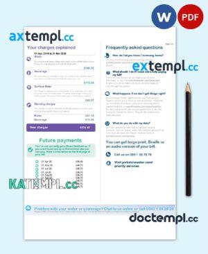 sample United Kingdom Yorkshire water utility bill template in Word and PDF format (2 pages) download